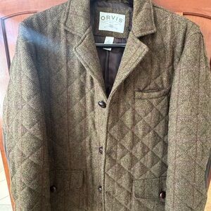 Moving Sale - Orvis Olive Quilted 100% wool Jacket with brown/burgundy stripping